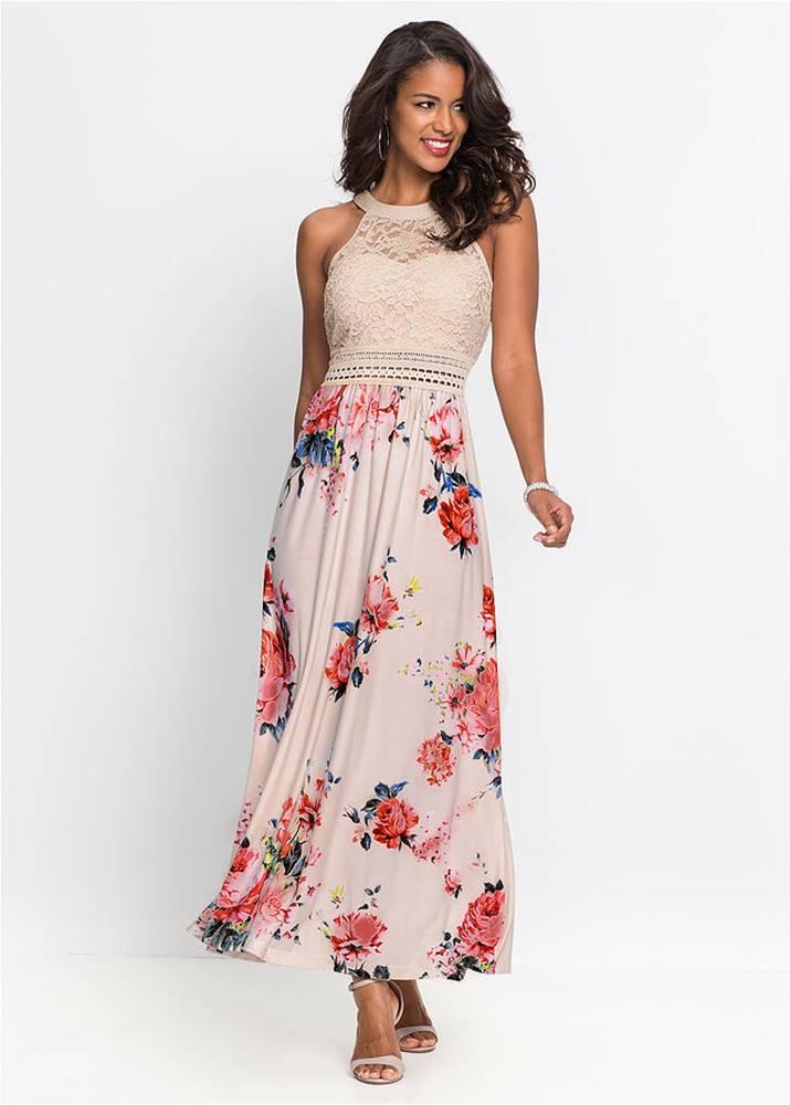 Maxi šaty s kvetovanou potlačou a čipkou